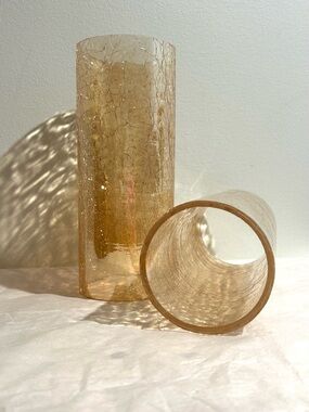 Vintage Crackle Glass Handblown Hurricane Candle Holders Shades Open Ended Set 2